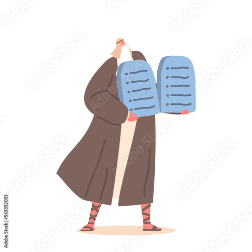 Moses With Ten Commandments, Biblical Story Concept. Prophet Moses Character Demonstrate God Tablets
