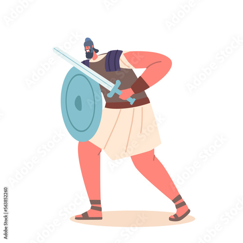 Ancient Soldier wear Armor with Sword and Round Shield. Antique Warrior Male Character Isolated on White Background