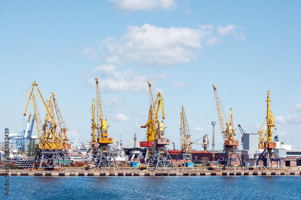 Heavy lifting harbor cranes in the cargo seaport.