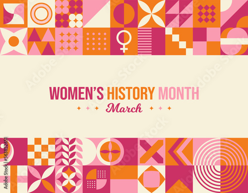 Women History Month Neo Geometric Pattern Background. Women’s History Month March Awareness Celebration. Horizontal website header banner vector illustration. Abstract modern design. Social media post