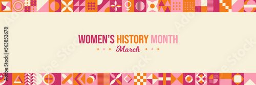 Women History Month Neo Geometric Pattern Background. Women’s History Month March Awareness Celebration. Horizontal website header banner vector illustration. Abstract modern design. Social media post