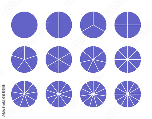 Circular chart. Round structure graph. Circle section template in grey color. Pie diagram divided into pieces. Set schemes with sectors. Piechart with segments and slices. Vector illustration