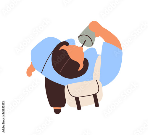 Overhead woman walking, drinking from takeout cup with straw. Girl going outd...