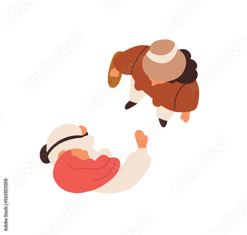 Women friends meeting, talking, top down view. Overhead girl standing outdoors, chatting. People conversation, communication, dialog from above. Flat vector illustration isolated on white background