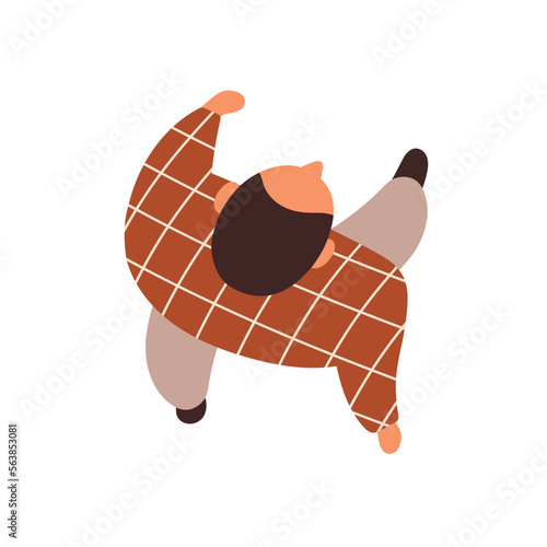 Man walking, top down view. Overhead young guy going on businesses. Modern person, male character in motion outdoors, on street from above. Flat vector illustration isolated on white background