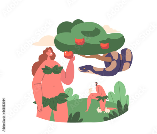 Biblical Story Adam And Eve Lapse From Virtue. Evil Serpent Deceive And Tempt Eve Into Eating Fruit From Forbidden Tree