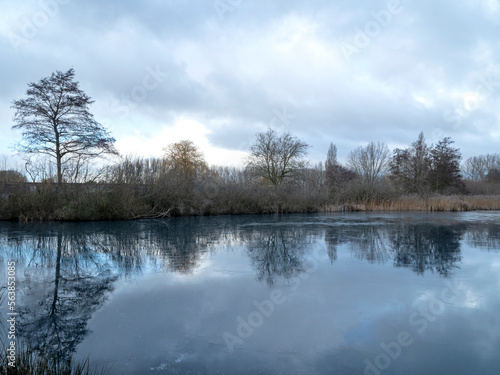 Frozen wetlands at Tophill Low near Driffield, East Yorkshire, England