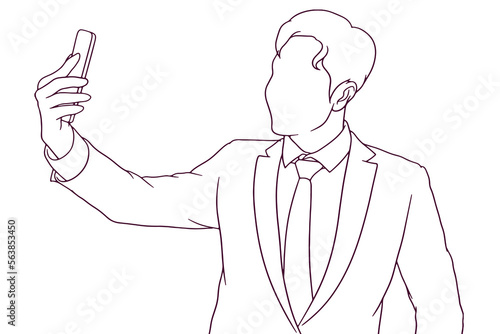 businessman take a selfie hand drawn style vector illustration