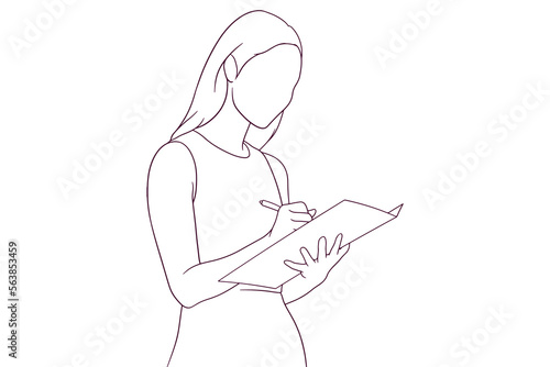 young businesswoman writing pose hand drawn style vector illustration