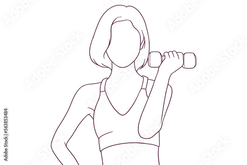 young woman in fitness suit hold a dumbbell hand drawn style vector illustration