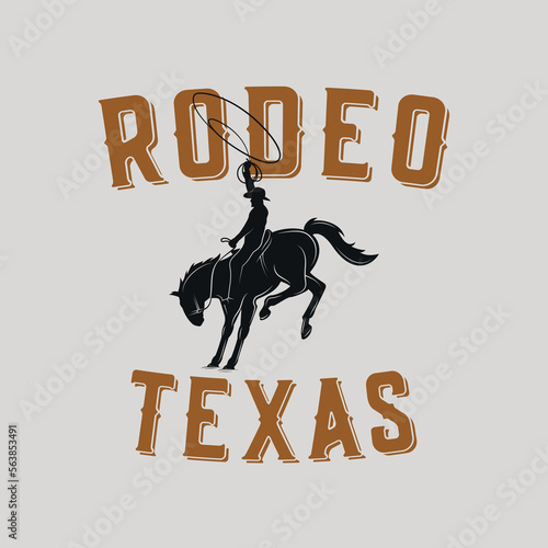 Rodeo retro logo with cowboy horse rider silhouette.