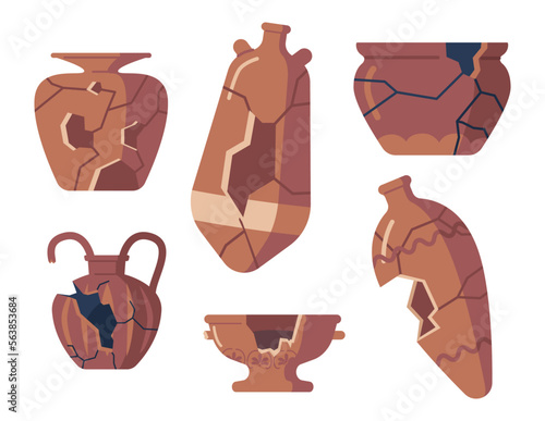 Set Of Old Broken Pottery, Jugs, Vases, Pitchers With Cracks. Antique Archaeological Artifacts, Roman Or Greek Crockery