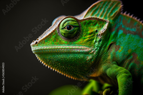 Close up of a green coloured chameleon. Generative AI.