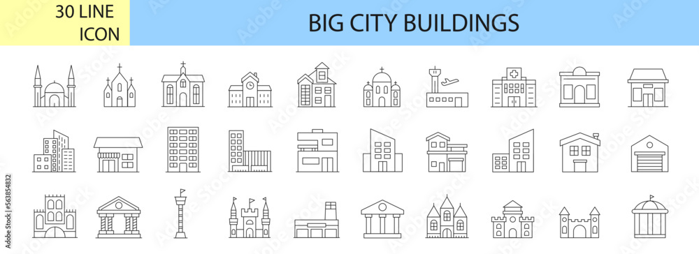 Set of linear icons of big city buildings. Urban architecture. State institutions, religious and cultural monuments. Educational centers and residential buildings Set of linear icons of big city buildings. Urban architecture. State institutions, religious and cultural monuments. Educational centers and residential buildings