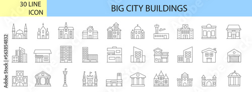 Set of linear icons of big city buildings. Urban architecture. State institutions, religious and cultural monuments. Educational centers and residential buildings