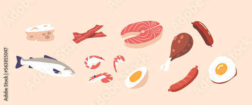 Set of Healthy Protein Food, Isolated Cheese, Bacon, Fish and Eggs. Chicken Leg, Shrimps, Salmon Steak and Sausage