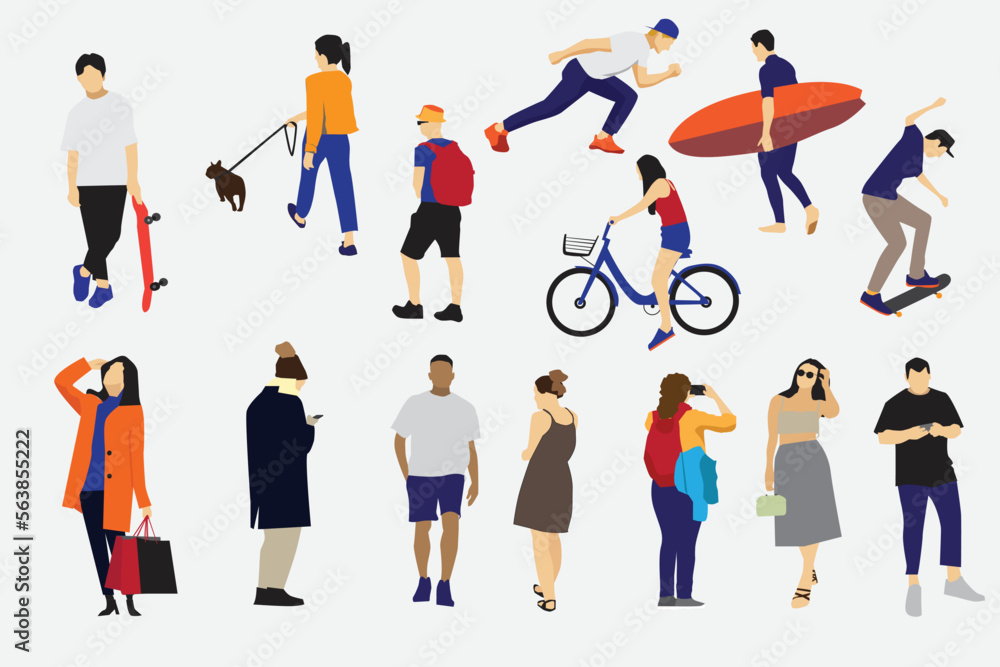 crowd of people engaging in summertime outdoor activities including skateboarding, bicycle riding, and dog strolling. a collection of flat, cartoon characters, both male and female, isolated on a whit