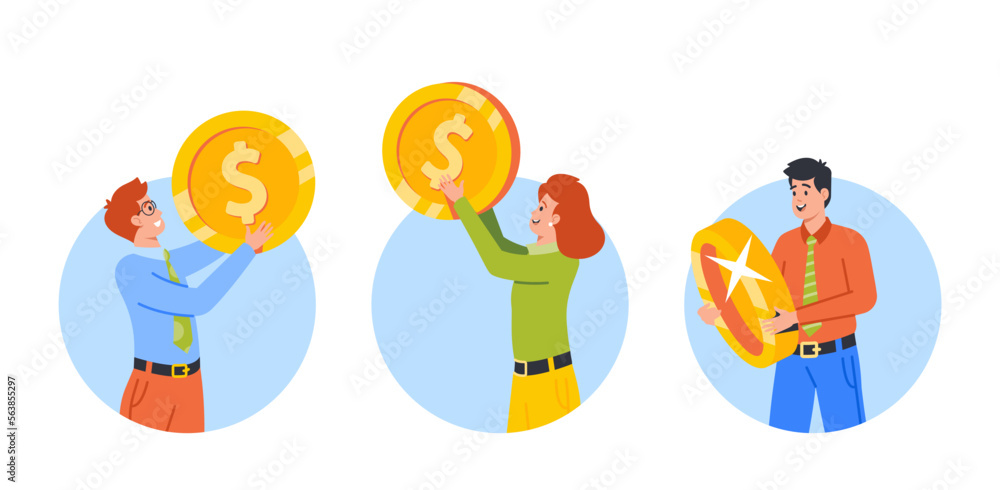 Finance, Money, Cash or Wealth Isolated Round Icons or Avatars. Tiny Male and Female Business Characters with Coins Finance, Money, Cash or Wealth Isolated Round Icons or Avatars. Tiny Male and Female Business Characters with Coins