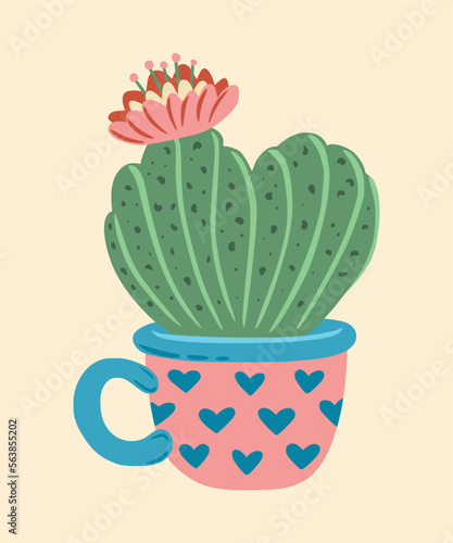 Flat cactus with flower. Сactus with flower with shape of heart in a mug. Сan be used for greeting cards, invitations, stickers and prints. Illustration for birthday and valentine's.