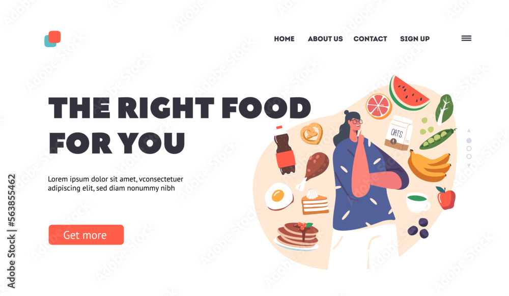 Fototapeta premium Right Food Landing Page Template. Woman Eating Priorities, Food Choice Concept with Female Characters Choose Meals