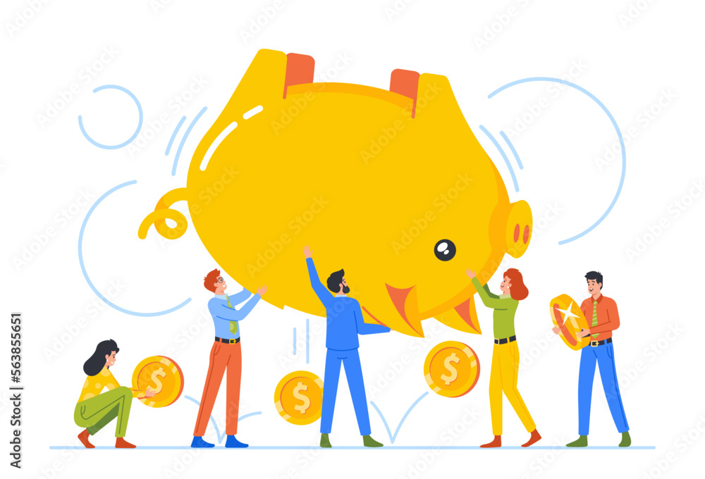 Obraz premium Tiny Male and Female Characters Shaking Huge Piggy Bank, Concept of Poverty, Savings, Budget, Finance Investment