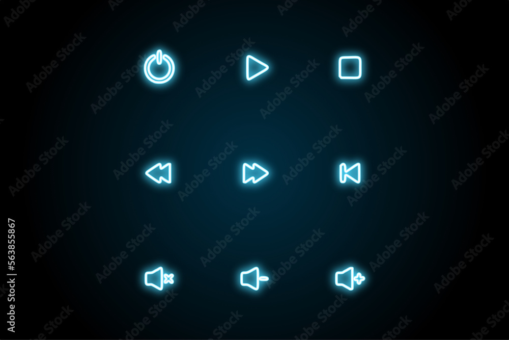 Music button icon set glowing neon Music button icon set glowing neon