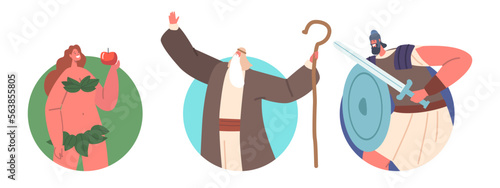 Biblical Characters Eva, Moses And Goliath Isolated Round Icons Or Avatars. Young Woman Holding Apple, Prophet