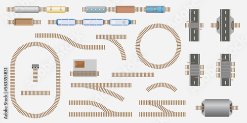 Set of railway parts and trains top view for city map. Railroad train track kit. City transport. Railway route vector collection: station, electric and freight train, wagon, locomotive from above