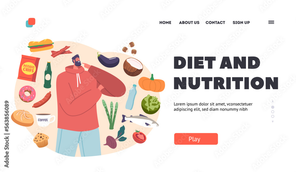 Fototapeta premium Diet and Nutrition Landing Page Template. Man Eating Priorities, Food Choice Concept with Male Character Choose Meals