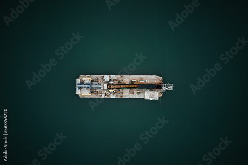 Aerial view of vessel for sand mining in the lake, Sand extraction