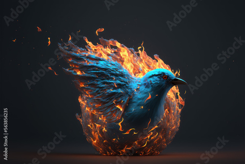 Blue Twitter Bird burning, downfall, fall from grace - AI Generated