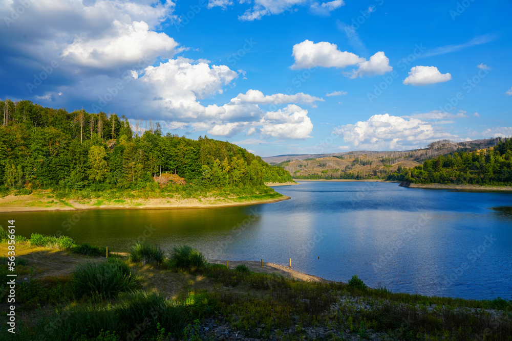 Sösetalsperre near Osterode am Harz. View of the reservoir with the surrounding idyllic nature. Landscape at the lake in the Harz National Park.
