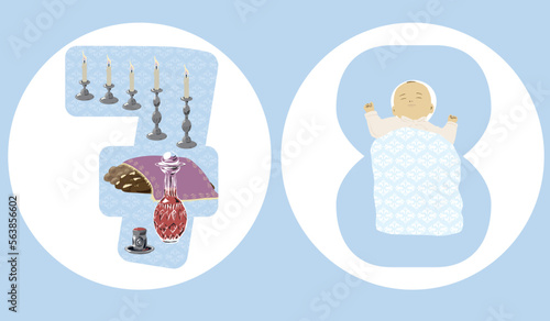 Vector icons of the jewish song Who Knows One? A Passover Seder Counting lyrics. Seven are the days of the week. Eight are the days of the circumcision. Symbols of numbers in Judaism. Artistic 