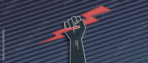 Vector wide protest powerful banner. Stylistic clenched strong fist with lightning.