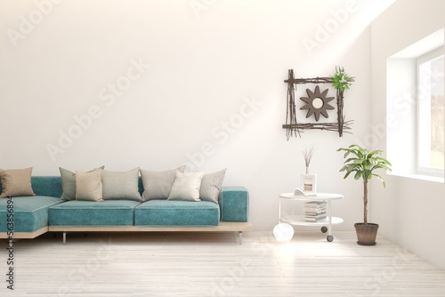 White living room with sofa. Scandinavian interior design. 3D illustration