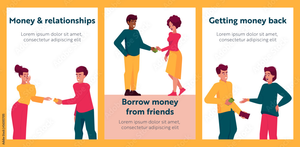 Money and Relations Cartoon Banners. Friends Borrow and Getting Money Back, Financial Help, Support Vector Illustration