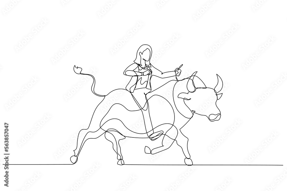 Illustration of businesswoman riding on the bull working in stock market trading. One line art style