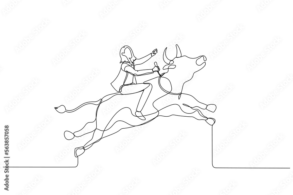 Fototapeta premium Drawing of businesswoman riding a bull going up showing rising and bull market. Single continuous line art style