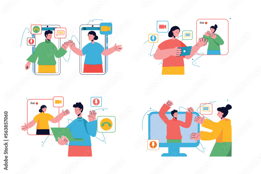 Video chatting set concept with people scene in the flat cartoon design. Friends communicates with each others and tell interesting stories via video chat. Vector illustration.