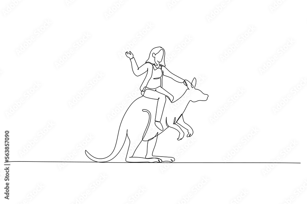 Cartoon of businesswoman riding kangaroo with suicase metaphor of manager with courage and brave. Continuous line art style