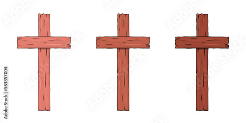 Set of wooden Christian crosses. Religious symbol of faith in Jesus Christ. Cartoon style. Vector illustration