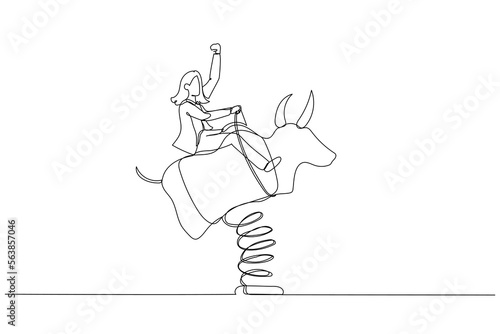 Cartoon of businesswoman investor riding and balance himself on rodeo bull concept of stock investor. Single continuous line art style