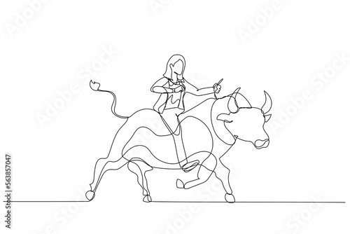 Illustration of businesswoman riding on the bull working in stock market trading. One line art style