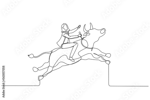 Drawing of businesswoman riding a bull going up showing rising and bull market. Single continuous line art style