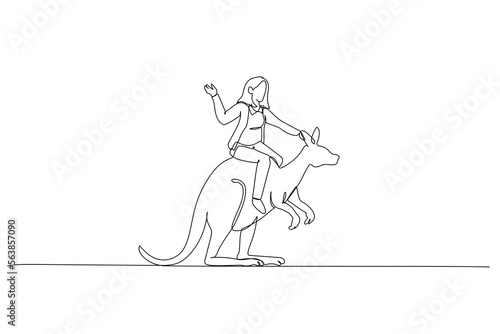 Cartoon of businesswoman riding kangaroo with suicase metaphor of manager with courage and brave. Continuous line art style