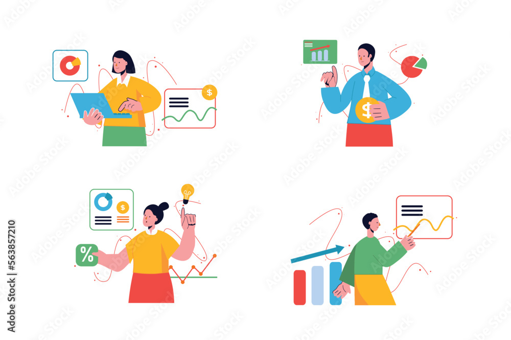 Sales performance set concept with people scene in the flat cartoon design. Employees work with different data and information about sales performance. Vector illustration. Sales performance set concept with people scene in the flat cartoon design. Employees work with different data and information about sales performance. Vector illustration.