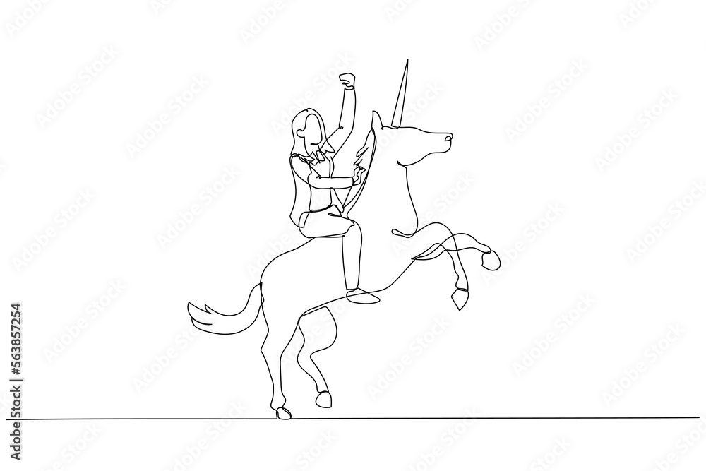Cartoon of businesswoman riding a unicorn and having billion dollar valuation company. Single continuous line art style