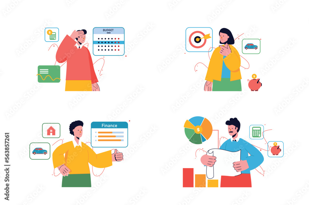 Planning financial budget set concept with people scene in the flat cartoon style. Economists and financial workers plans money for different needs. Vector illustration. Planning financial budget set concept with people scene in the flat cartoon style. Economists and financial workers plans money for different needs. Vector illustration.