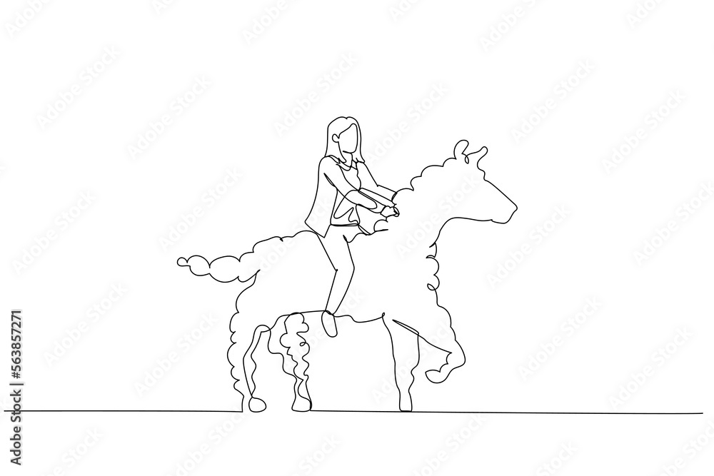 Drawing of businesswoman riding white cloud horse metaphor of management idea. Single line art style