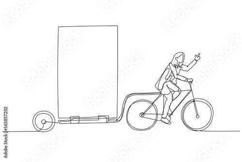 Drawing of businesswoman riding bicycle with billboard trailer concept of outdoor advertisement. One line style art